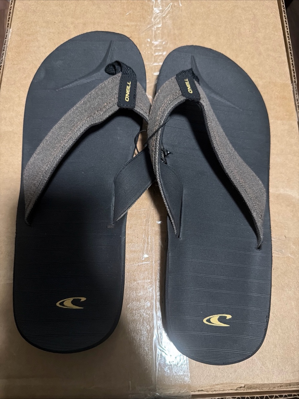 O'Neill Flip Flops Men Size 12 Black Grey Fabric Strap Beach Sandals New